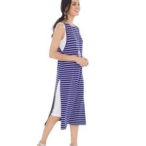 Chicos Blue White Stripe Stretch Knit Sleeveless Midi Dress Side Slit